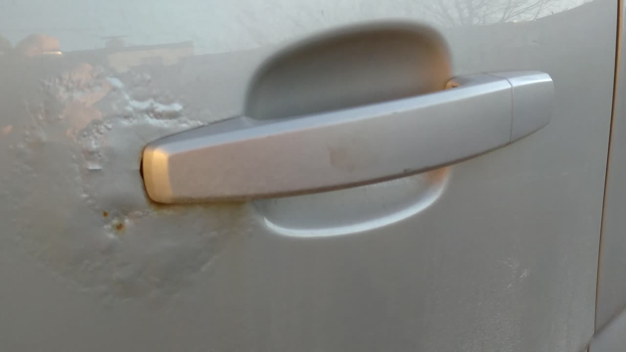 주차된 은색 세단 자동차의 부식성 겨울 찌그러짐