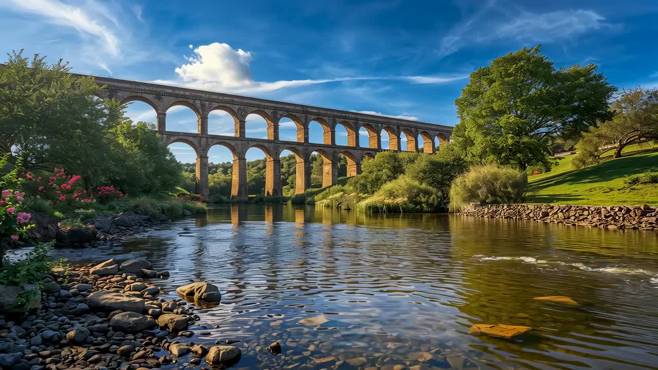 Glancing sun and light breeze moving over stone arched viaduct at riverside rippling clear river