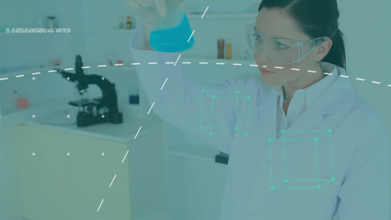 animación de procesamiento de datos sobre una científica caucásica que trabaja en un laboratorio