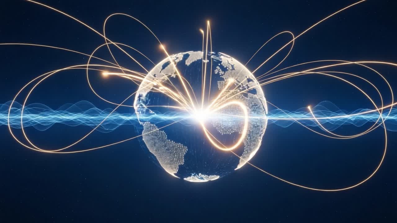 Dynamic Representation of Global Connections and Energy Flow Around the Earth Showcasing a Network of Light and Innovation Increasingly Intertwined