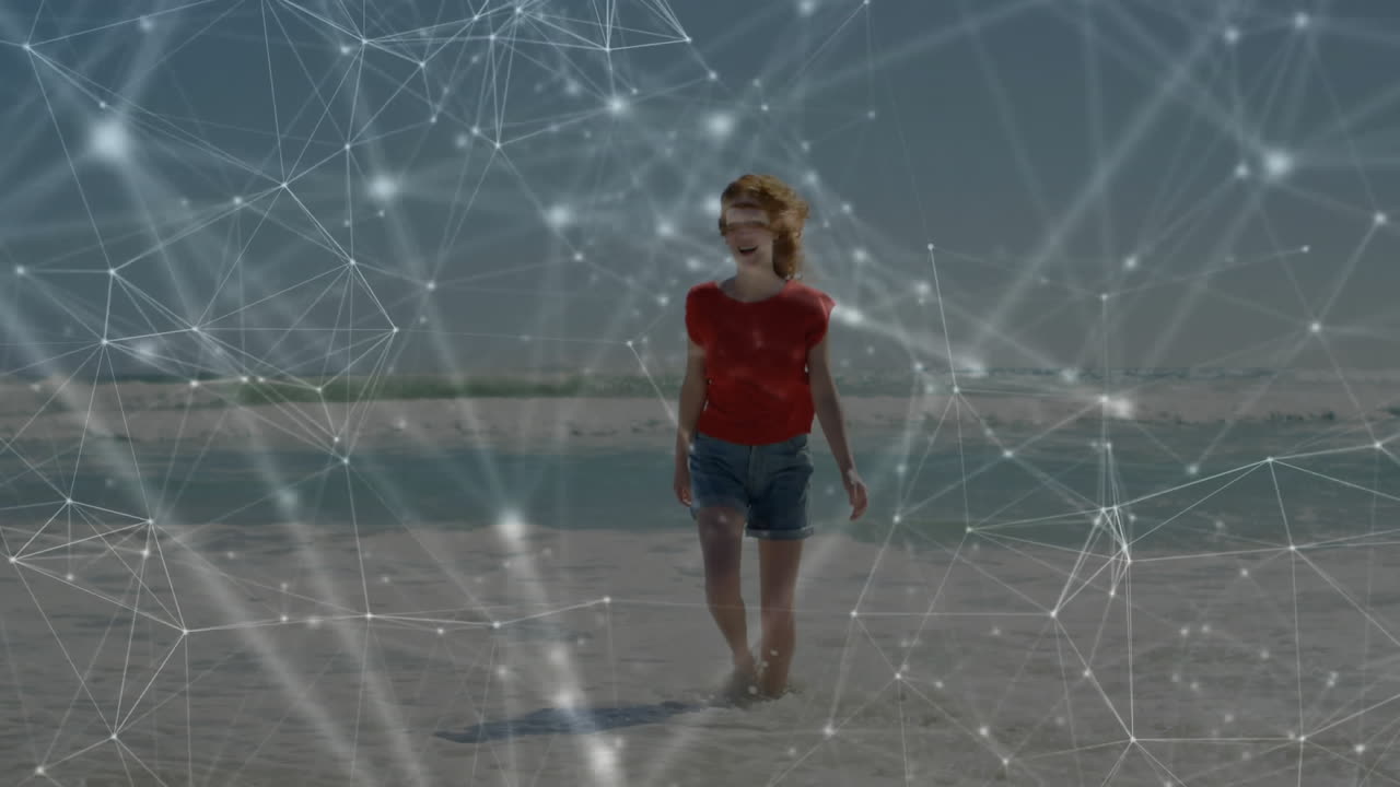 Network of connections and data processing animation over person walking on beach