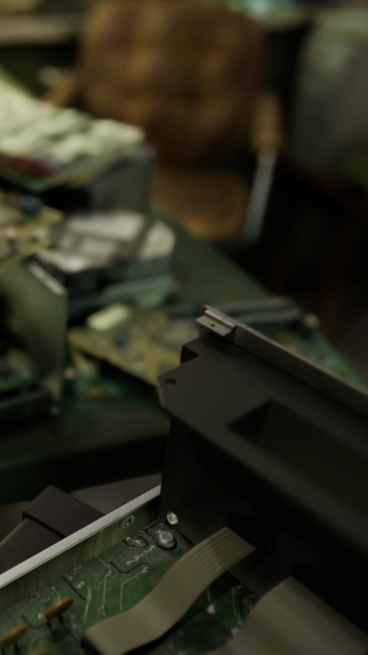 Old computer parts scattered on a workbench in a workshop during daytime hours