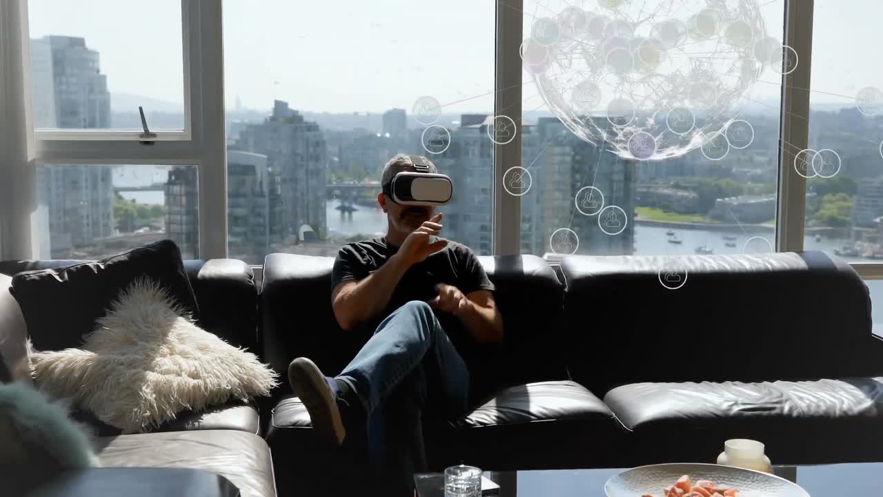 animación del globo con red de conexiones sobre el hombre utilizando auriculares vr