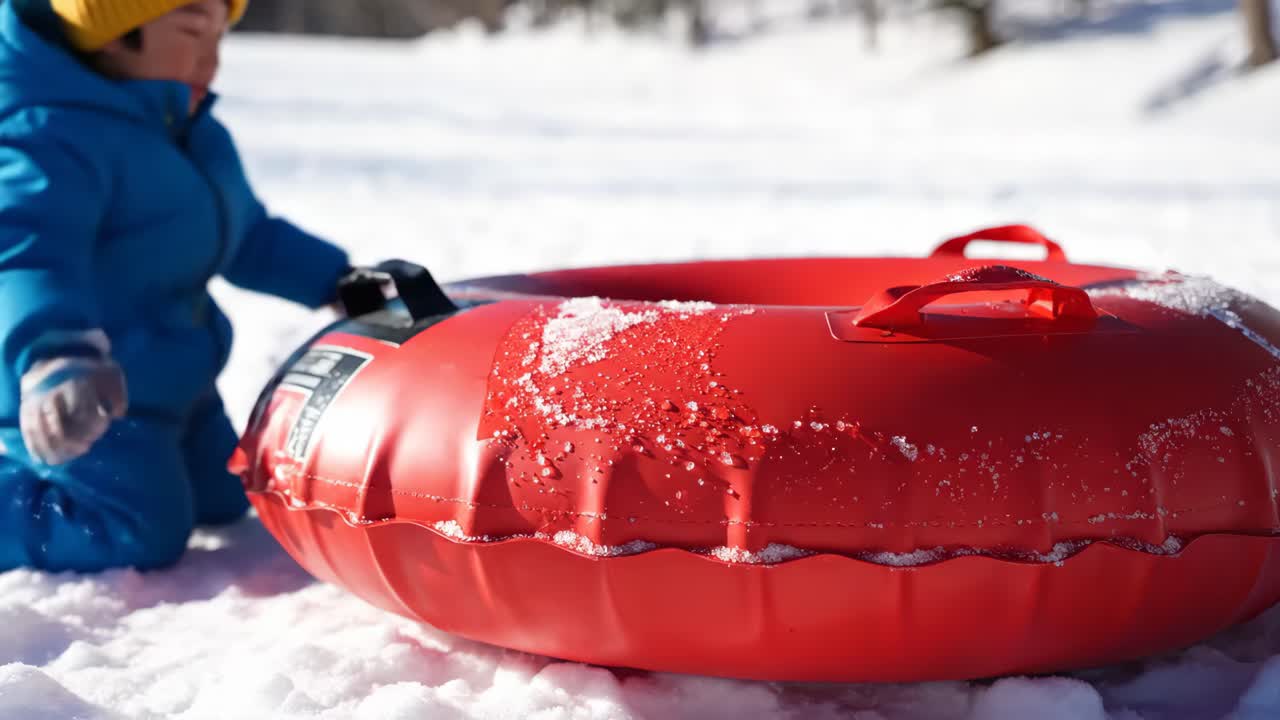 Child having fun sledding in the snow with a red tube