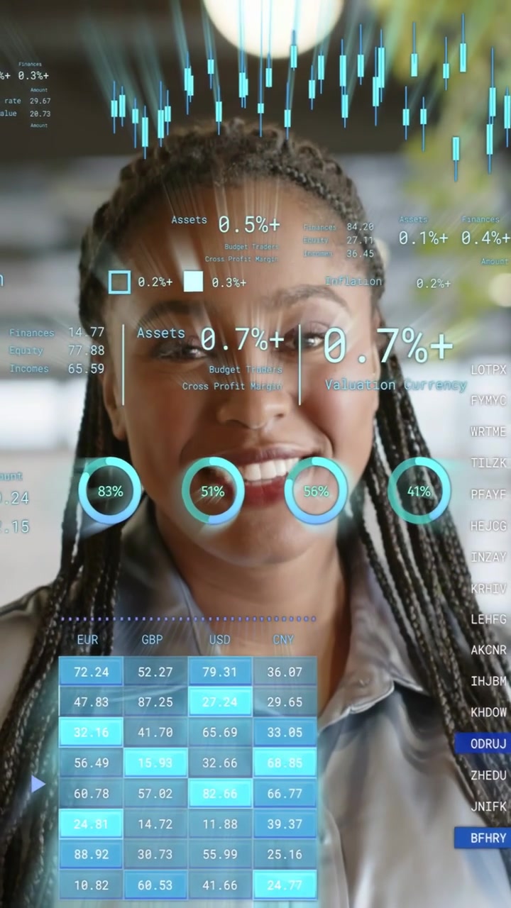Vertical video: Finance woman watching AR dashboard appearing with bar charts, smiling at numbers