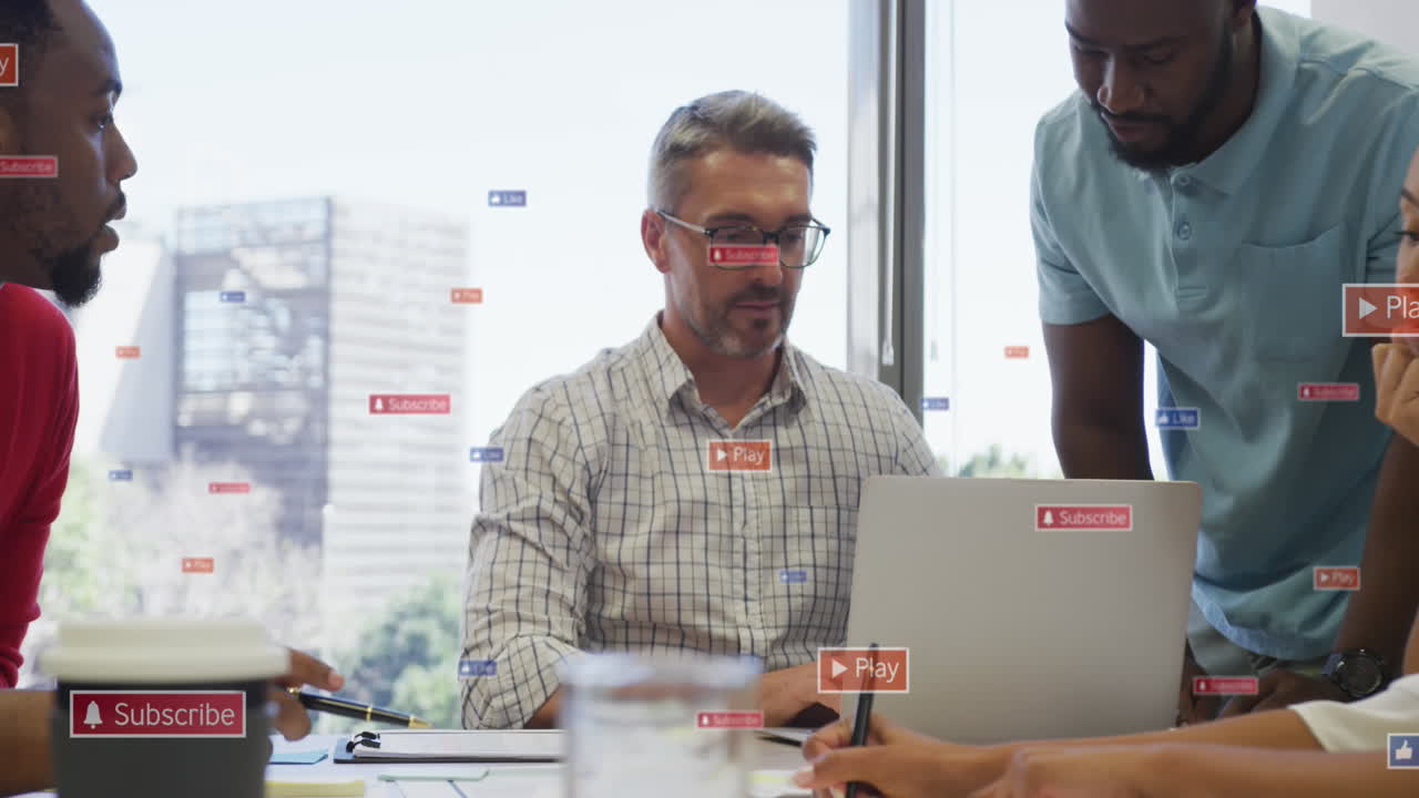 Animation of notification bars over diverse manager explaining reports on laptop to coworkers