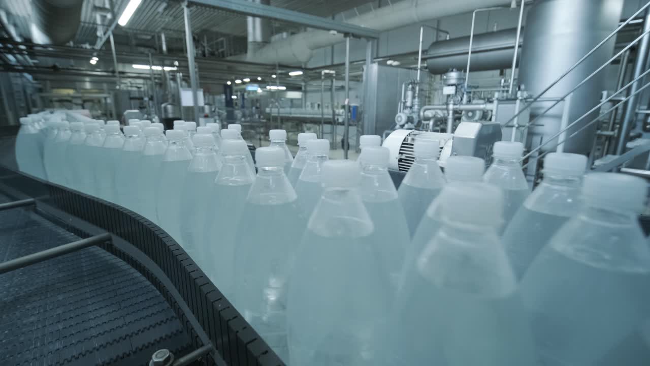 Conveyor belt with bottles of drinking water at a modern beverage plant
