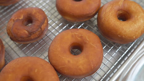 overhead detail of fresh golden brown donuts on cooling rack