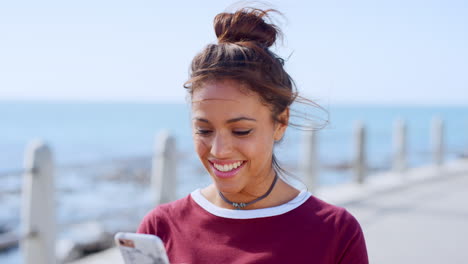 face, phone and woman at beach on social media