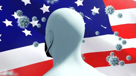 covid-19 cells and human head model wearing face mask against us flag waving