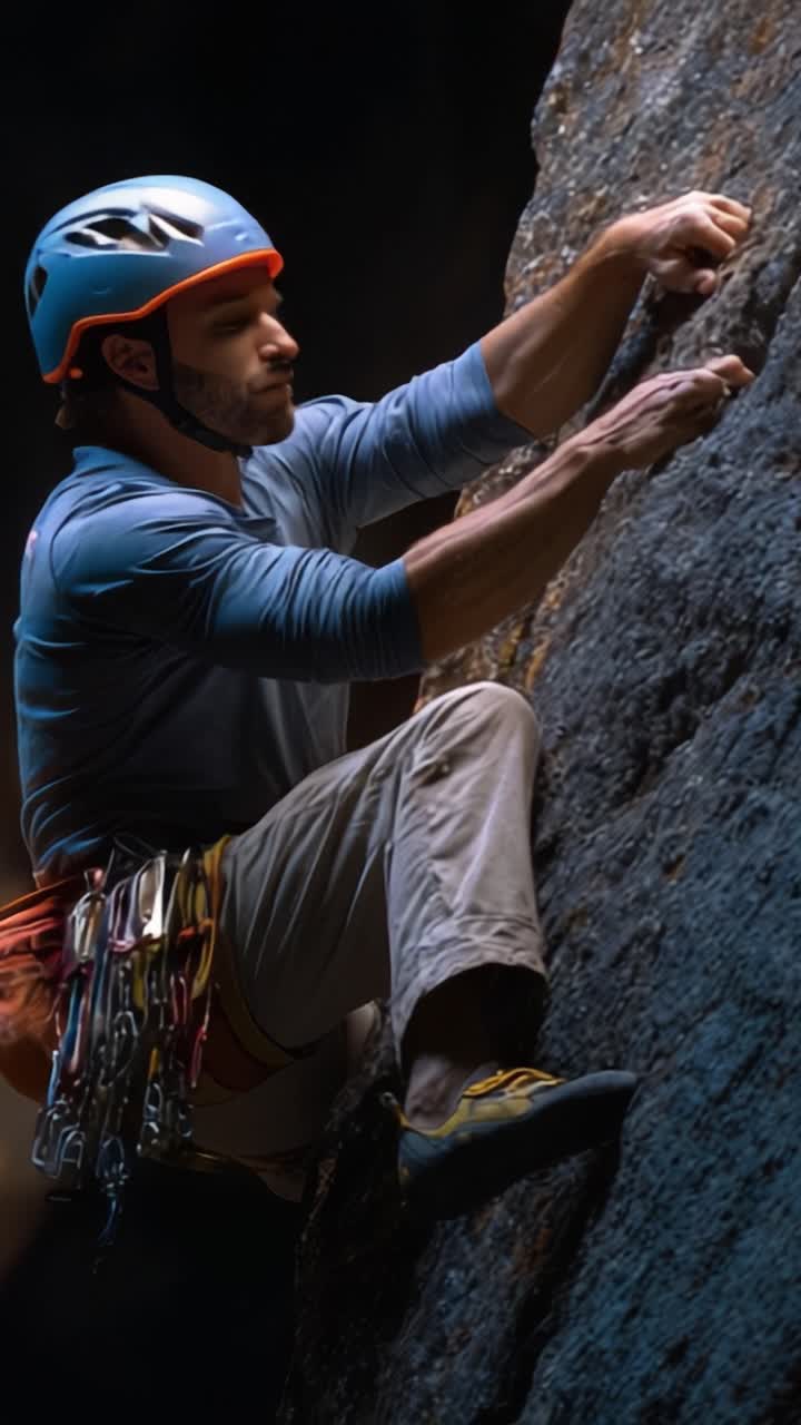Alpinista audacioso escala face vertical com determinação e habilidade, exibindo movimentos poderosos e equipamento de segurança em um ambiente de escalada intenso.
