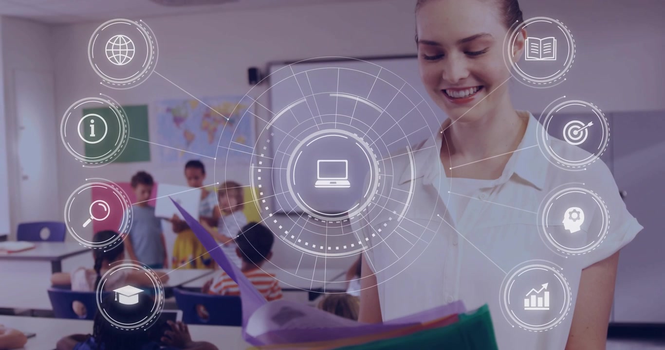 Insegnante che esamina cartelle in classe mentre gli studenti alzano il laptop, con un'interfaccia che si forma per aiutare la lezione.