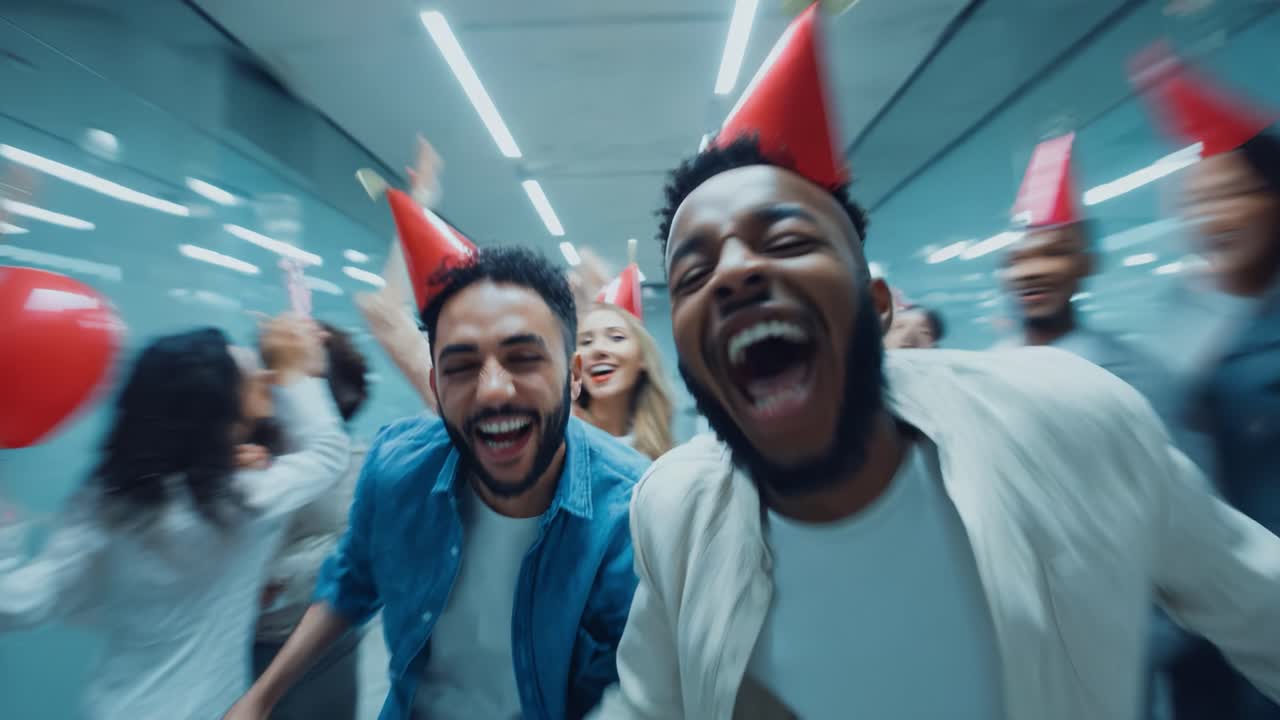 Joyful Celebration in a Modern Setting: Friends Gather with Party Hats and Balloons, Sharing Laughter and Fun in a Dynamic Atmosphere, Creating Lasting Memories Together