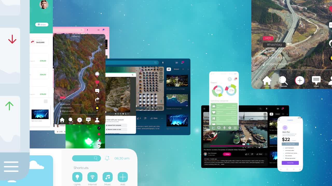 멀티 스크린 배경의 소셜 네트워크 비디오, 릴, 바이러스 클립, ai 네트워크 및 모바일 사용자, 아름다운 프레젠테이션 쇼케이스
