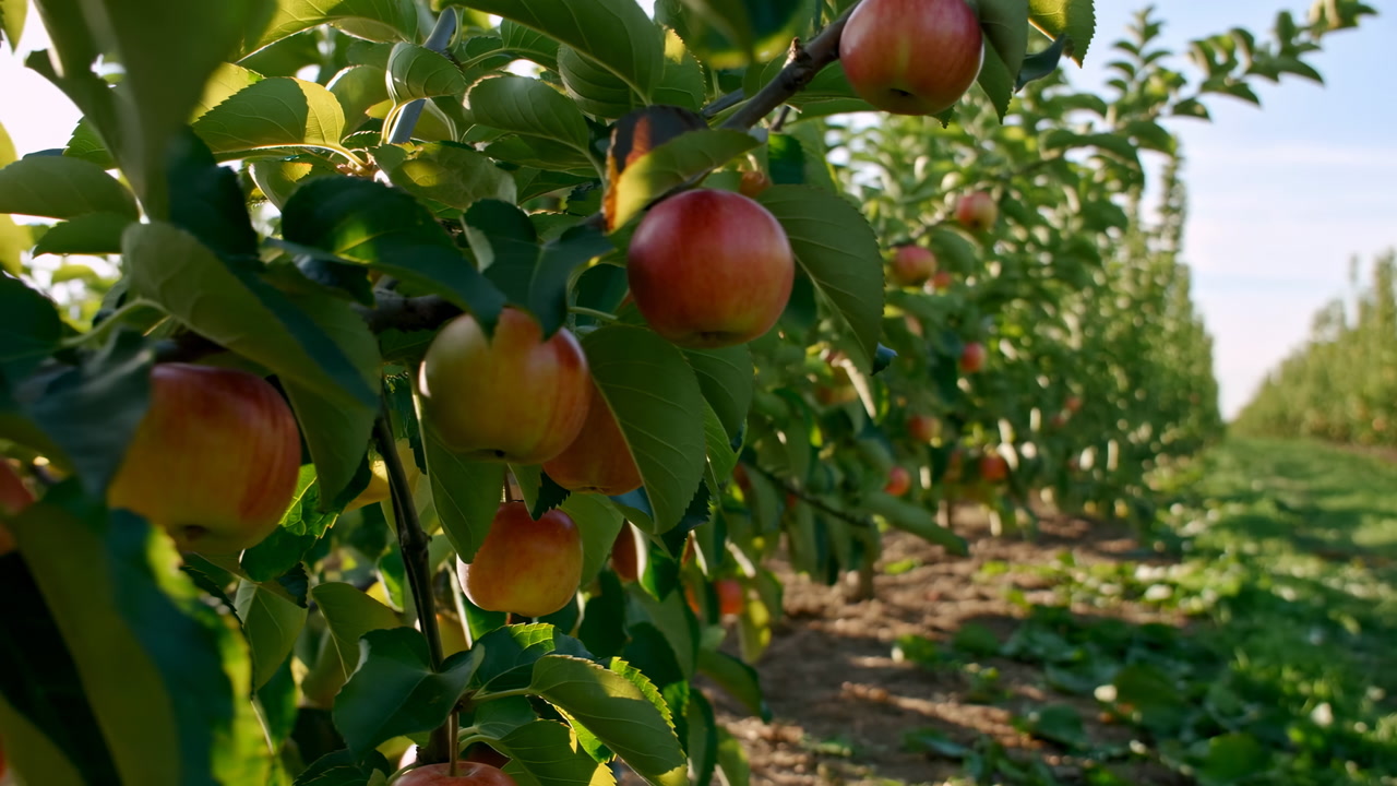 Ripe Red Apples Growing on Tree Branches in a Sunny Orchard