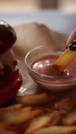 burger and fries with pink sauce