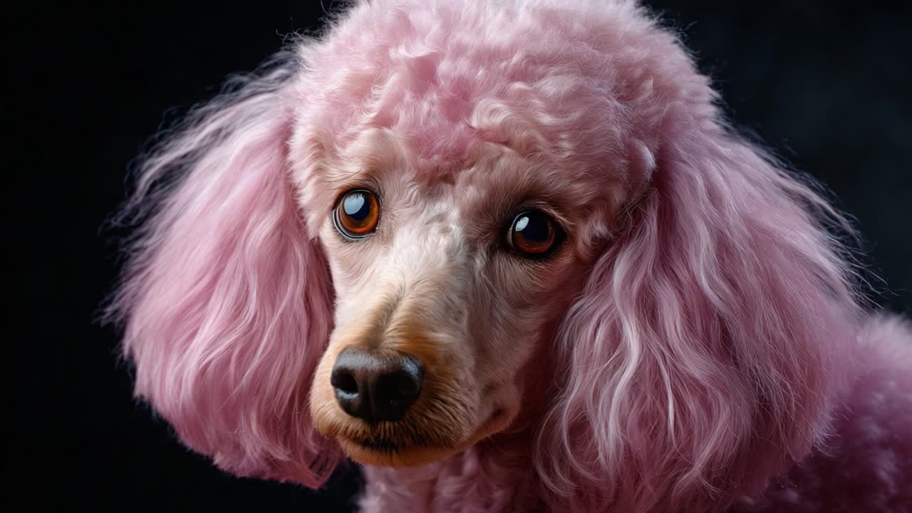Koyu bir arka plan üzerinde etkileyici gözlerini sergileyen, yumuşak buklelere sahip pembe bir kanişin yakın çekimi. Bu benzersiz köpek, büyüleyici ve oyuncu bir görünüme sahip.