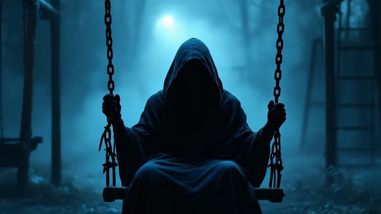 Mysterious figure in hooded cloak swings gently in eerie foggy playground atmosphere