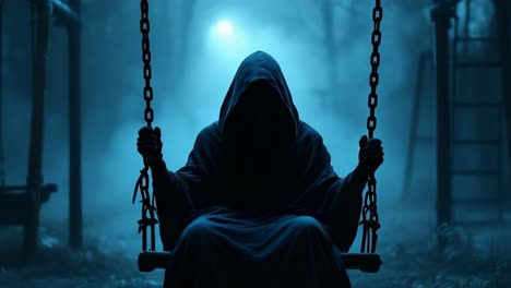 Mysterious figure in hooded cloak swings gently in eerie foggy playground atmosphere