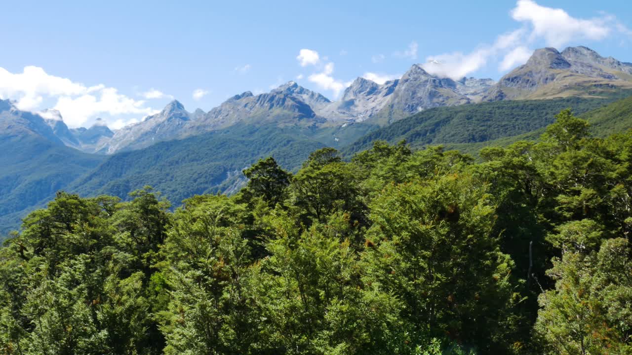 pintoresco panorama montañoso con árboles verdes en el valle durante el día soleado - lago marian, parque nacional fiordland