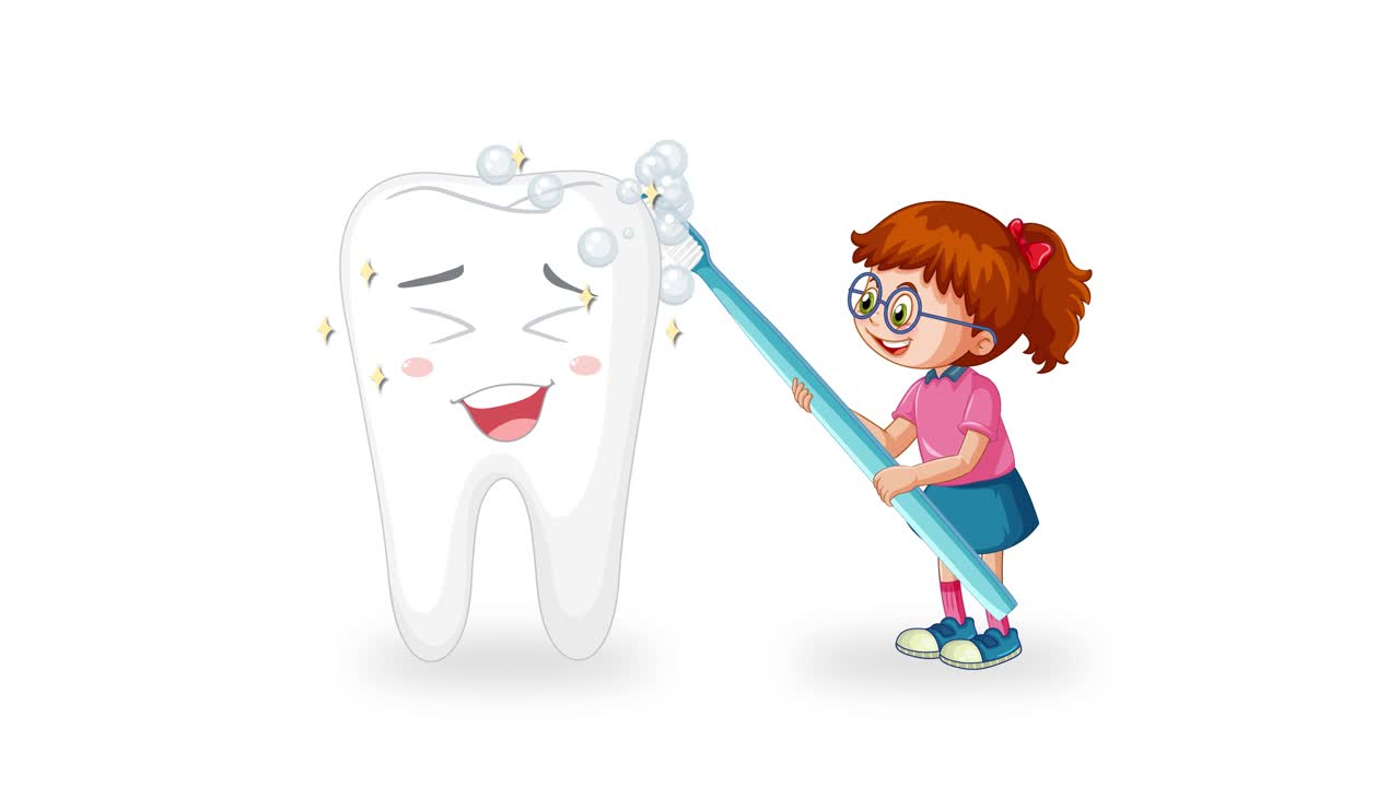 Cheerful young girl brushing smiling cartoon tooth with bubbles and sparkles on white background