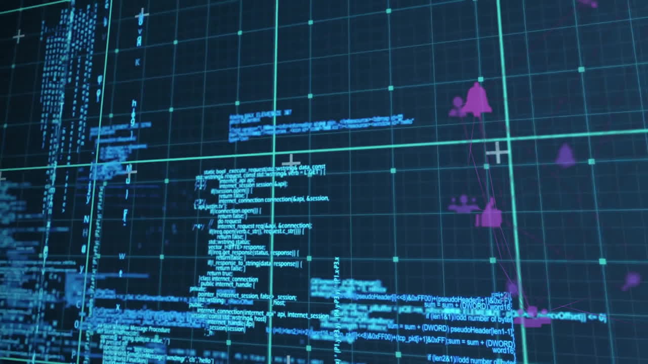 In school, animation showing digital code and data visualization on grid background