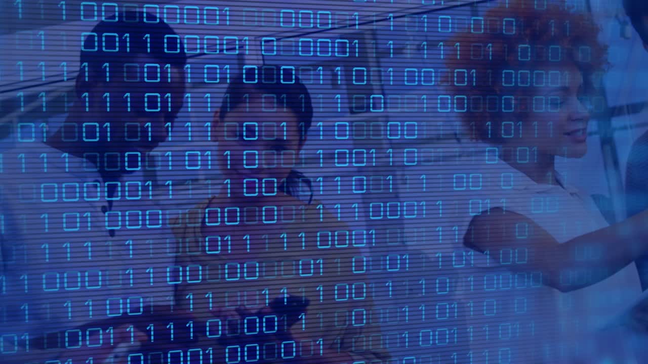 Animation of binary code over diverse female and male coworkers in office