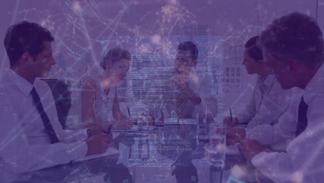 animation of programming code, connecting dots over angry man shouting on coworkers in meeting