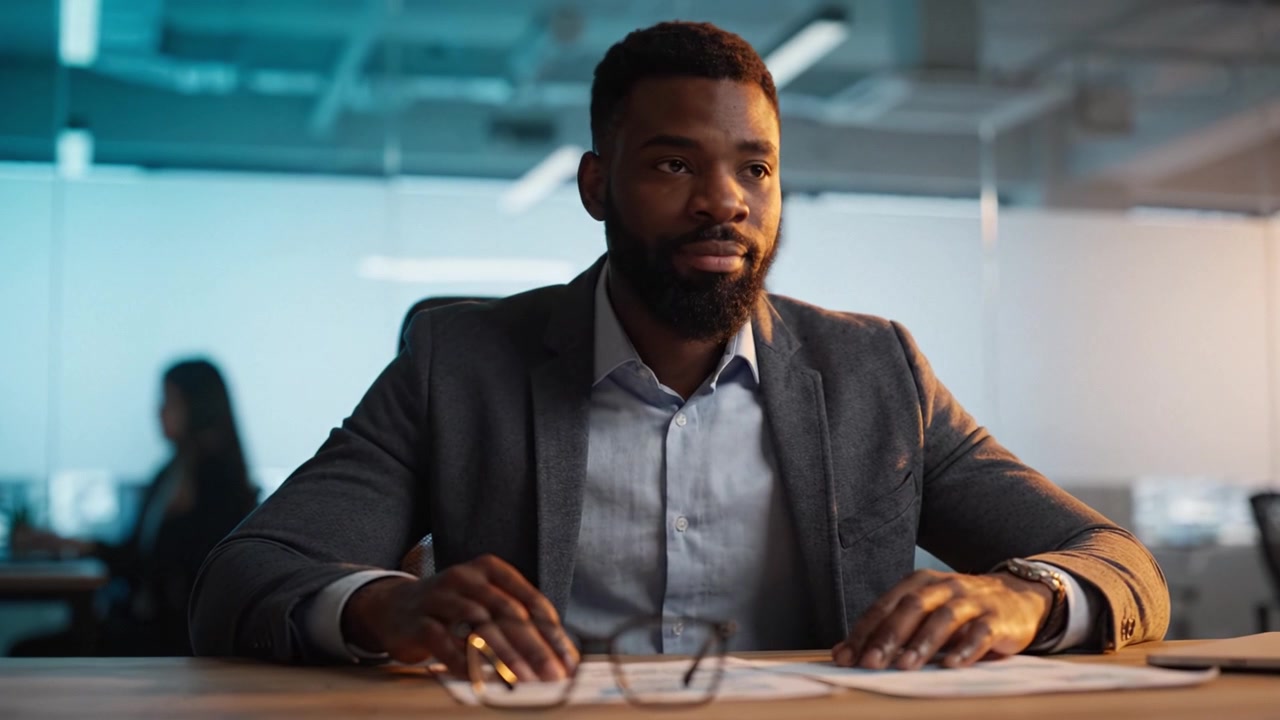 Focused Professional in Office Setting: A Man with Beard Contemplates Future Opportunities Amidst Modern Workspace Ambiance, Capturing Motivation and Determination.