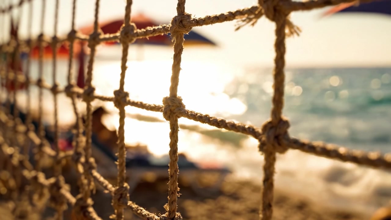 Catturare la Tranquillità: Un Primo Piano di una Rete di Corda che Incornicia una Splendida Scena da Spiaggia tra Onde Dolci e Ombrelloni Illuminati dal Sole