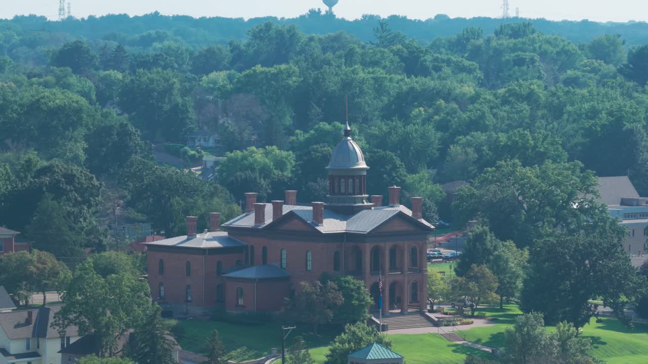 Telephoto panning shot of the historic Washington County Courthouse in Stillwater, Minnesota. 4K
