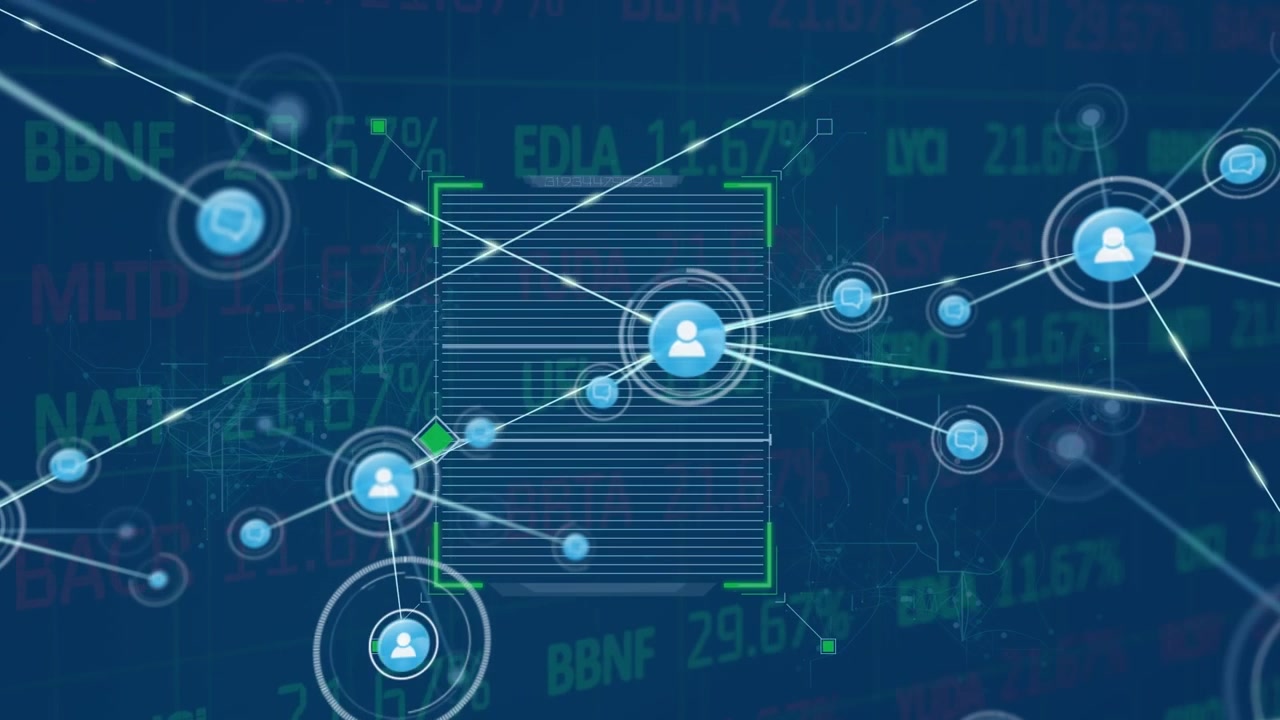 Animation of network of connections with digital icons and data processing