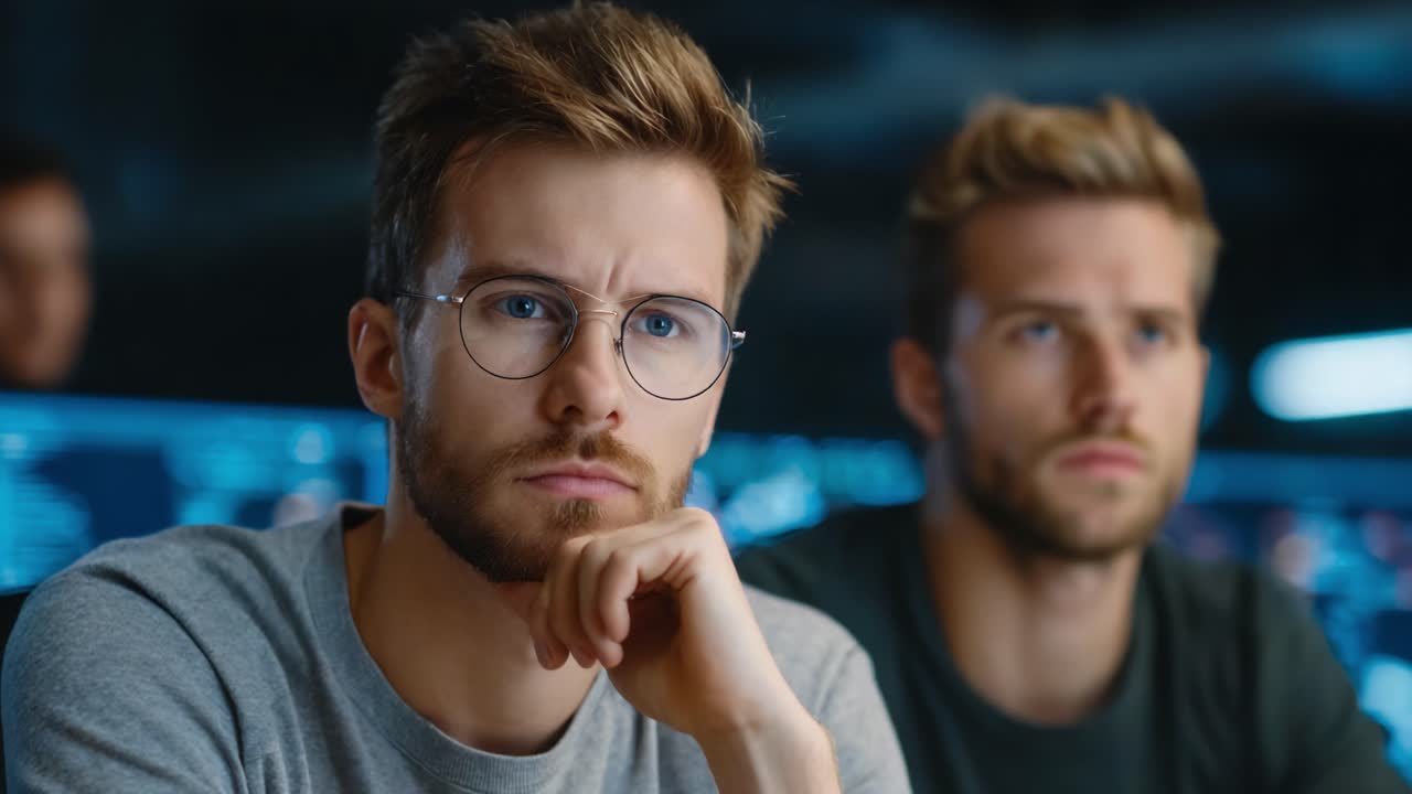 Engaged Intellects: Two Focused Individuals Deep in Thought Amidst a Technological Background Reflecting on a Challenging Problem