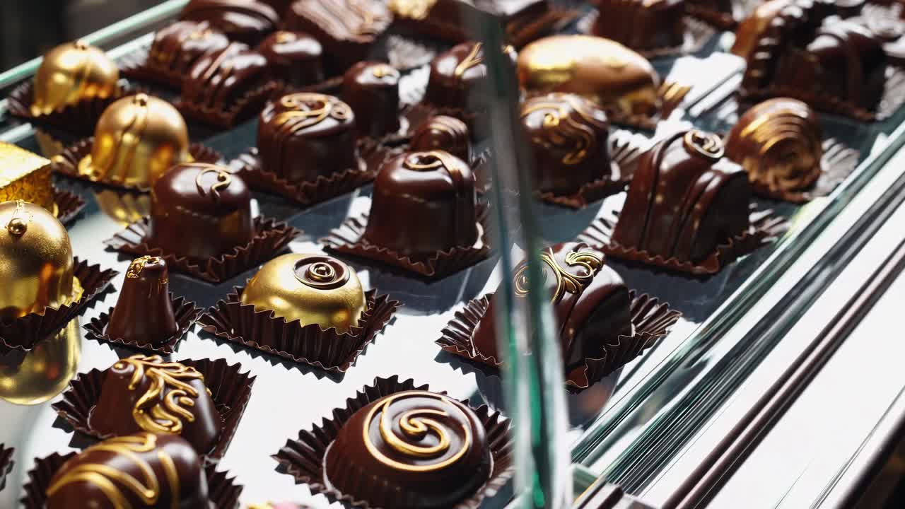 Close-up video shot of assorted gourmet chocolates in a display case, showcasing intricate designs