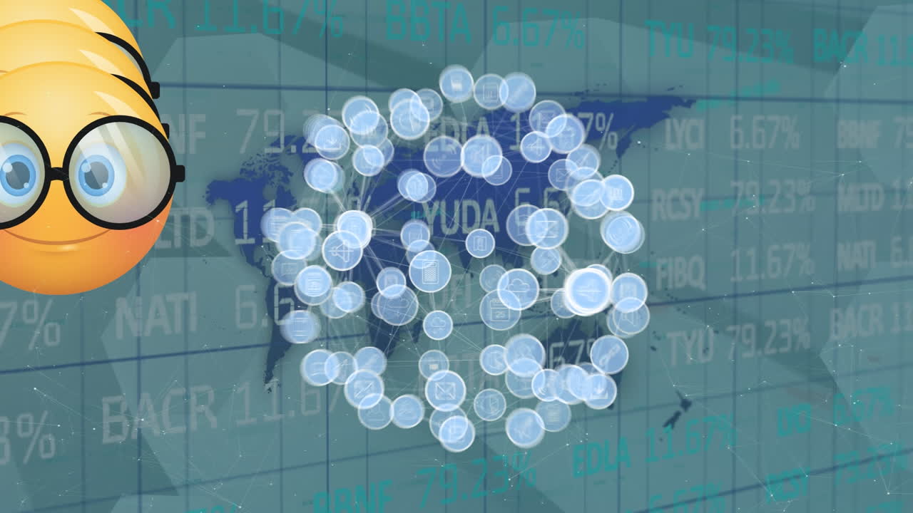 이모티콘의 애니메이션, 금융 데이터와 함께 화면 위에 회전하는 아이콘