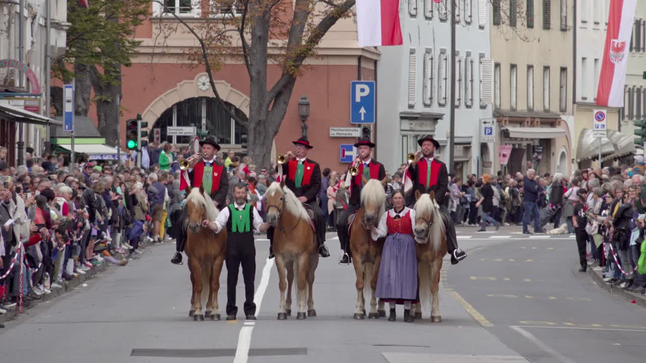 Fanfare trumpet players at the annual grape festival, Meran - Merano, South Tyrol, Italy