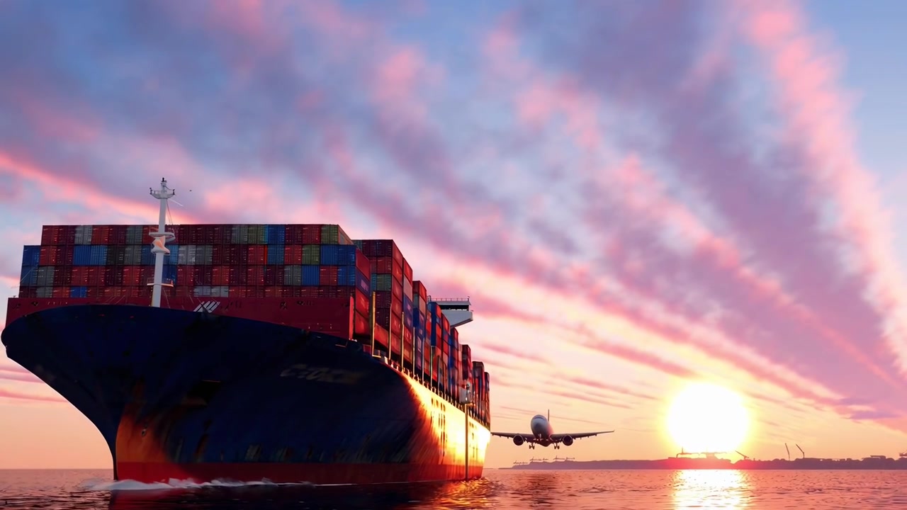 Container Ship and Airplane Flying Over Water at Sunset