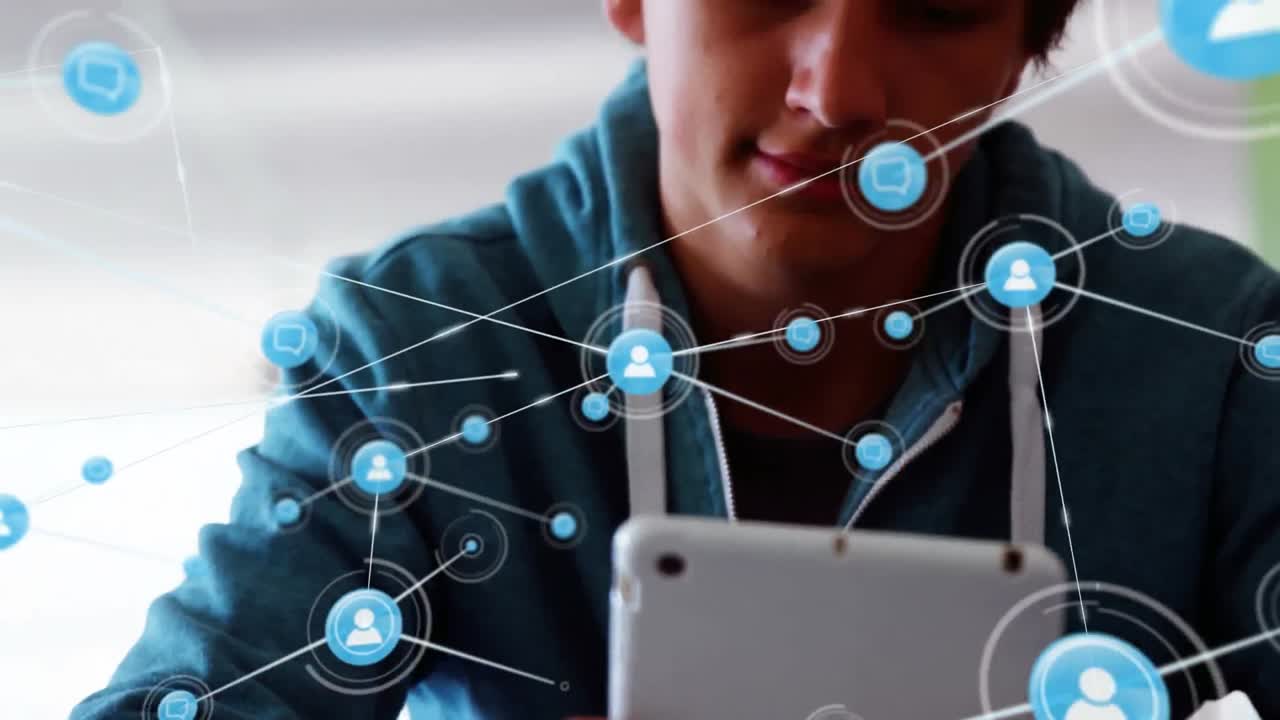 red de iconos de conexión contra un estudiante masculino que usa tableta digital