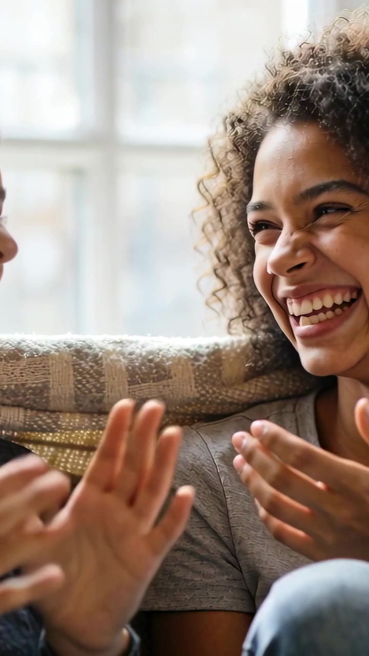 Vertical video: Laughing after left gesture, right woman short-sleeve top clapping on couch at home