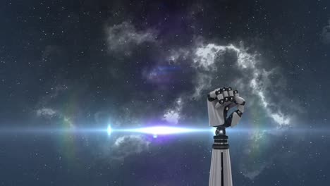animación de un brazo robótico metálico giratorio que se extiende por el cielo nocturno con estrellas en el fondo