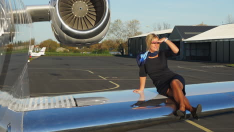 slomo: a playful flight attendant sits on the wing of an aircraft