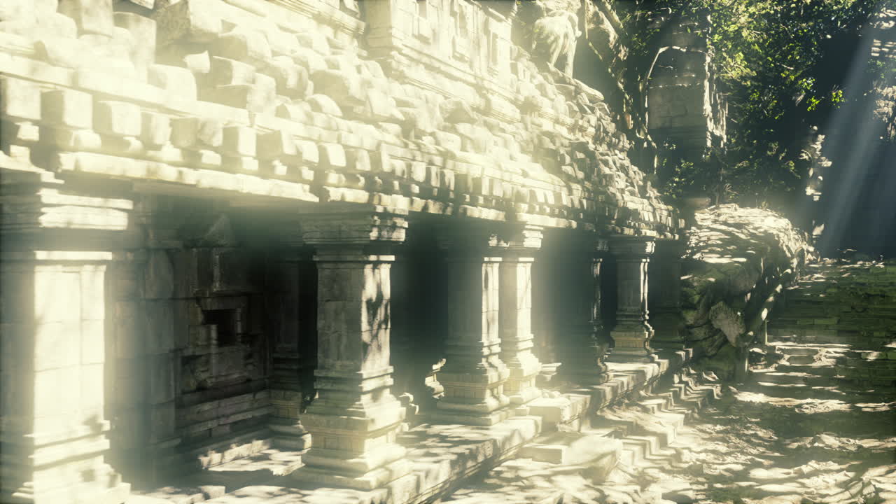 Corridoio di un tempio tranquillo illuminato dalla luce del sole e ricoperto di muschio