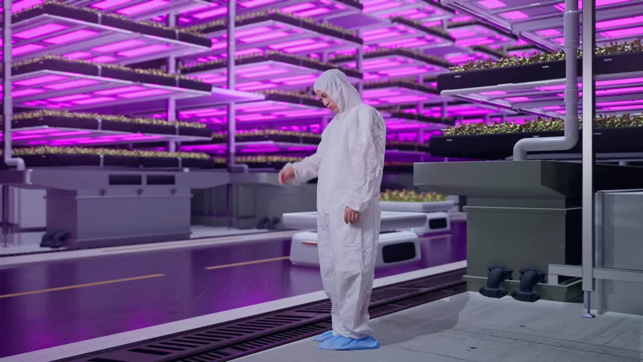 Full Body Side View Of Asian Male Scientist Having A Headache While Standing In Vertical Farm