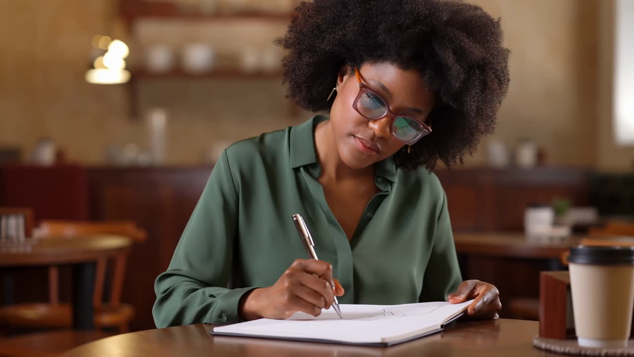 Young Woman Writing in Notebook at a Cafe
