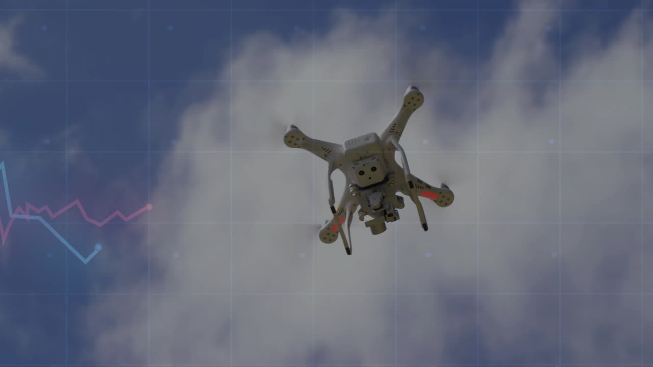 Drone flying over clouds with data graph animation in background