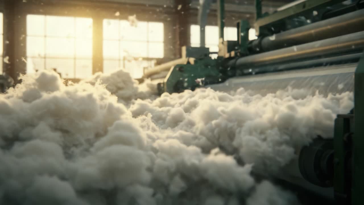 A Mesmerizing Display of Cotton Processing: Captivating Clouds of Fiber Filling the Air Inside a Textile Mill Studio, Showcasing Industrial Precision and Craftsmanship