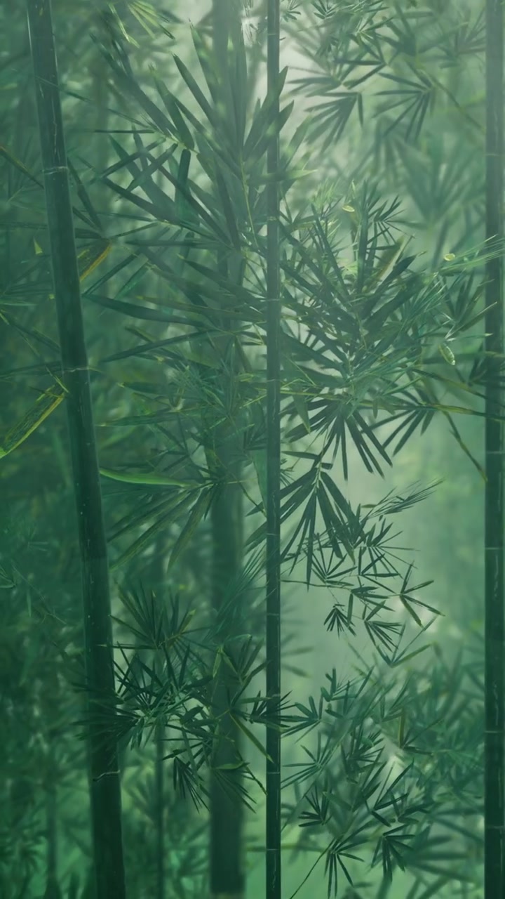 Foresta di bambù con la luce che filtra attraverso gli alberi al mattino presto.