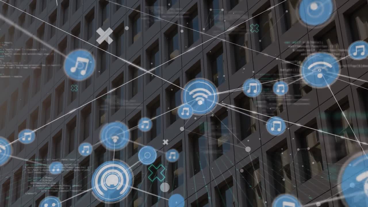 Animation of connected icons and computer language over midsection of modern building