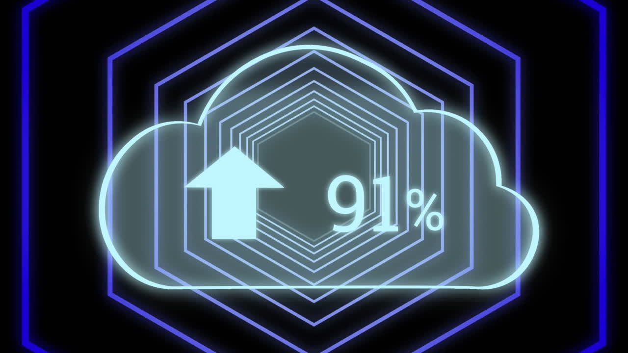 네온 육각형 위에 점점 더 많은 수의 구름의 애니메이션