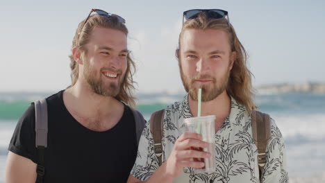 portrait of handsoem twin browthers smiling on beach happy enjoying summer vacation on ocean seaside sipping juice beverage